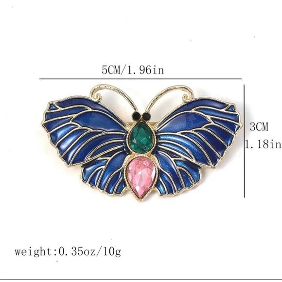 Small Dainty Blue Butterfly Brooch with Green & Pink Rhinestones Whimsical - Picture 4 of 11